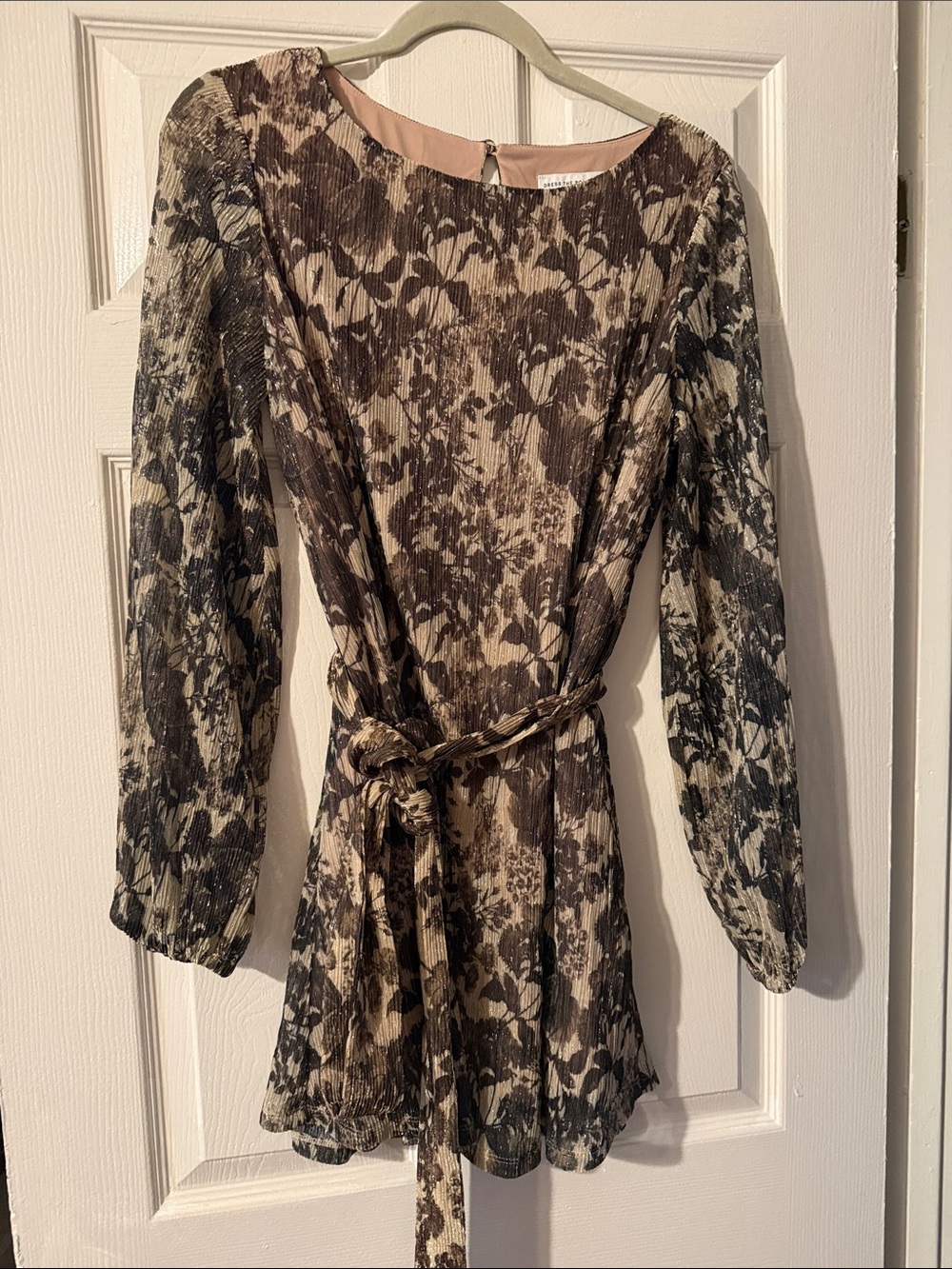 Dress the Population Beige and Brown Floral Long-Sleeve Tie-Waist Mini Dress